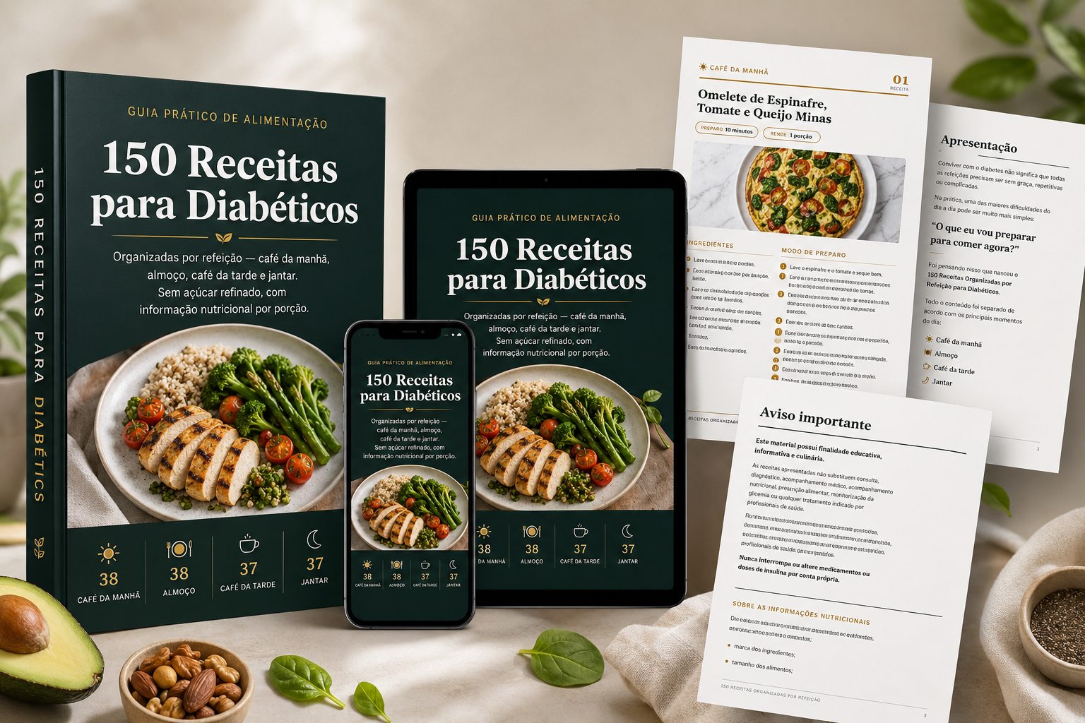 Material 150 Receitas Organizadas por Refeição para Diabéticos: capa impressa, versão em tablet e celular e páginas internas com receitas.