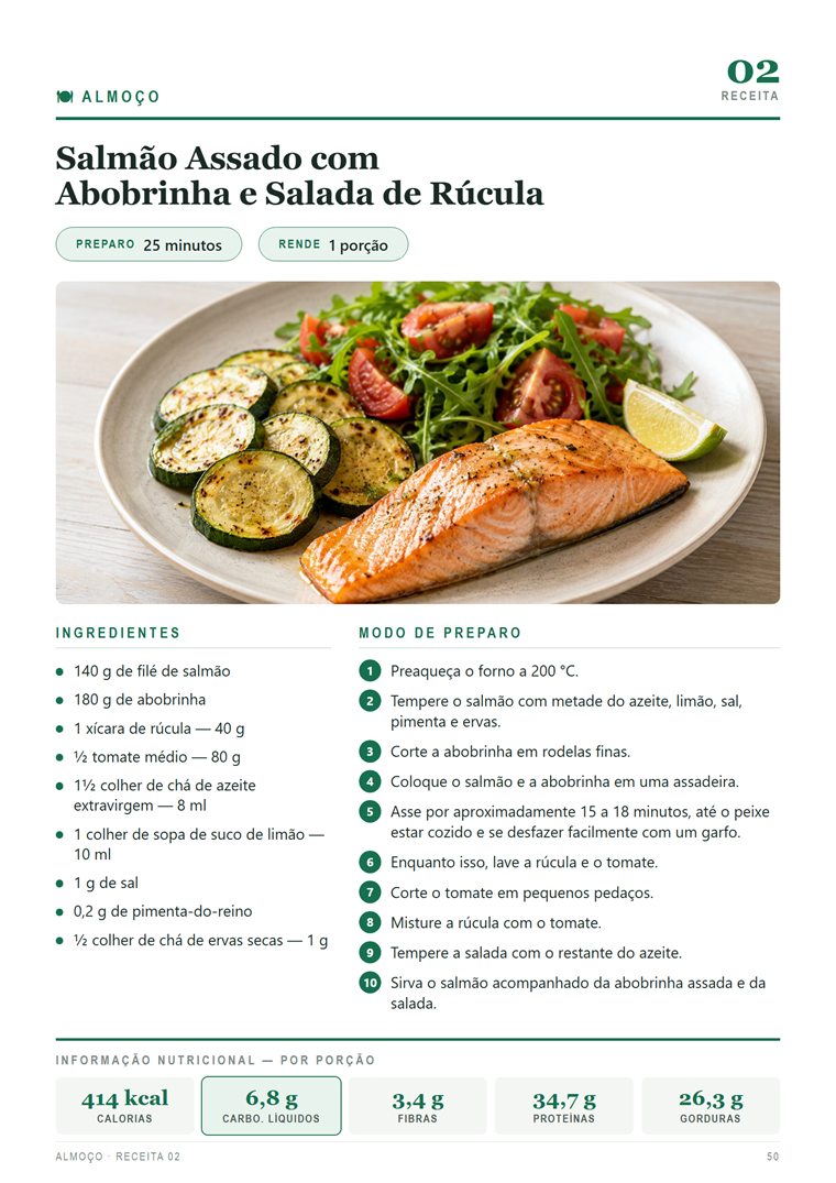 Página real do almoço: salmão assado com abobrinha e salada de rúcula, com informação nutricional.