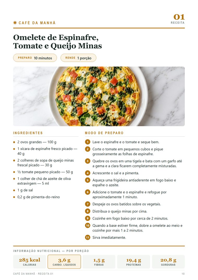 Página real do café da manhã: omelete de espinafre, tomate e queijo minas, com ingredientes e modo de preparo.