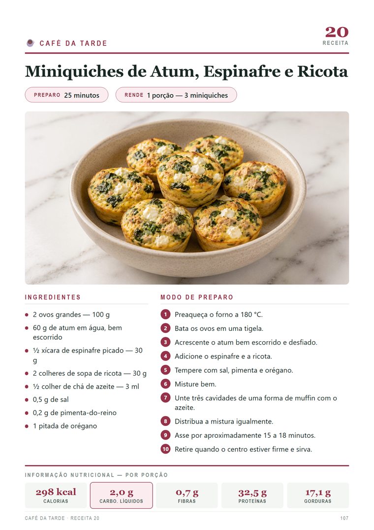 Página real do café da tarde: miniquiches de atum, espinafre e ricota.