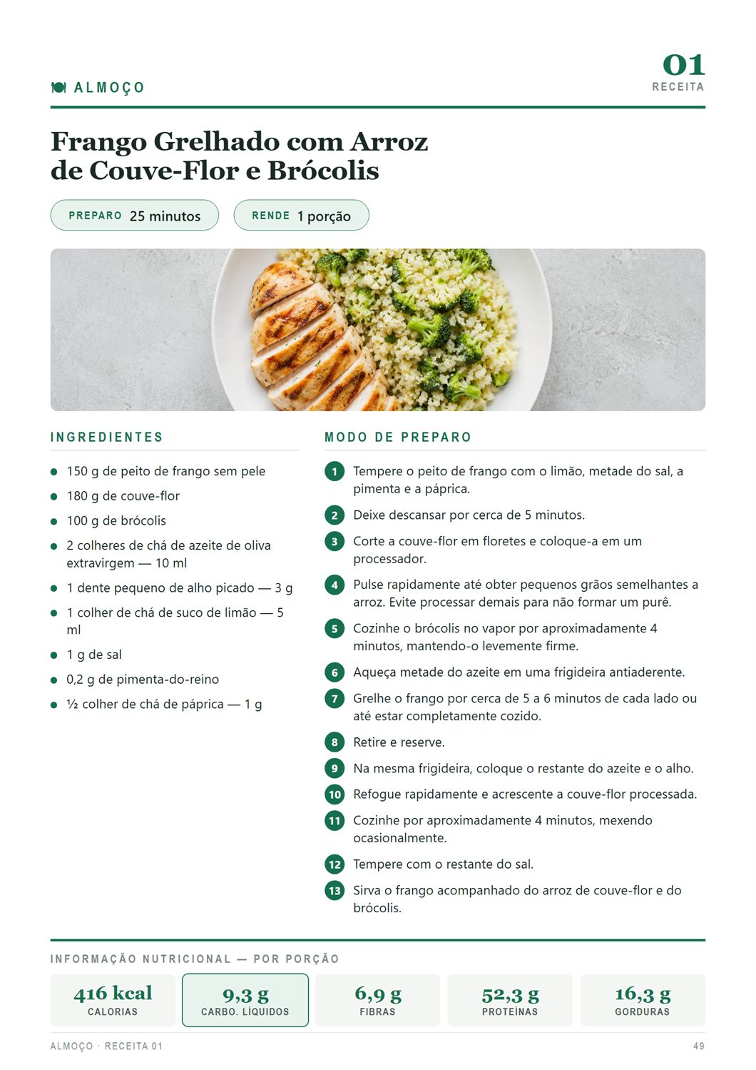 Página interna de uma receita mostrando nome, tempo de preparo, rendimento, lista de ingredientes, modo de preparo numerado e informação nutricional por porção.
